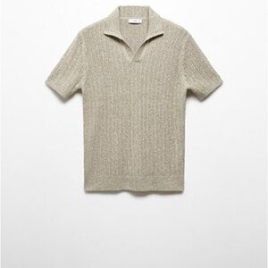 Mango Marbled Cotton Knit Polo Shirt in marled green Large